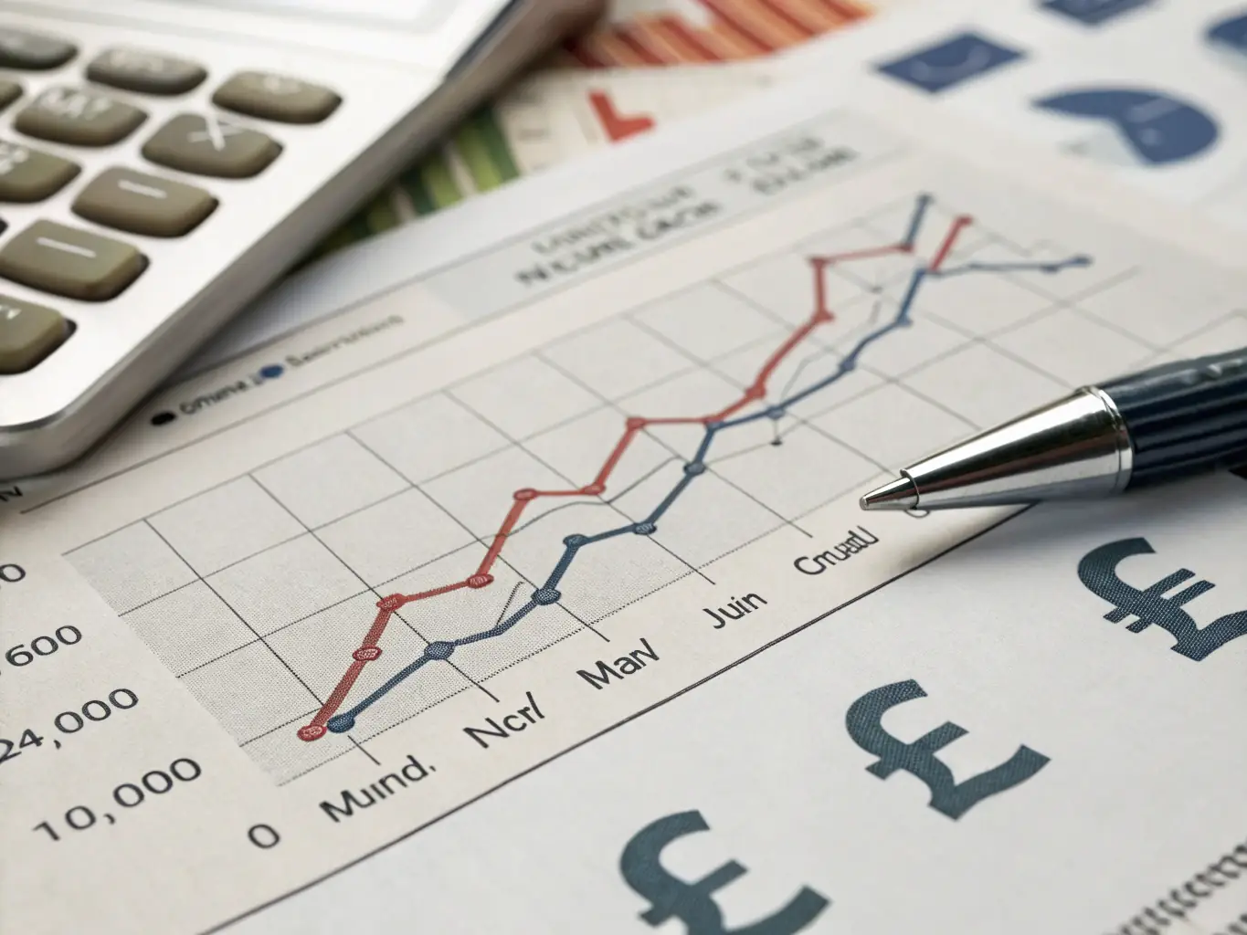A graph showing upward financial growth, with a calculator and South African Rand notes in the background, symbolizing financial success.